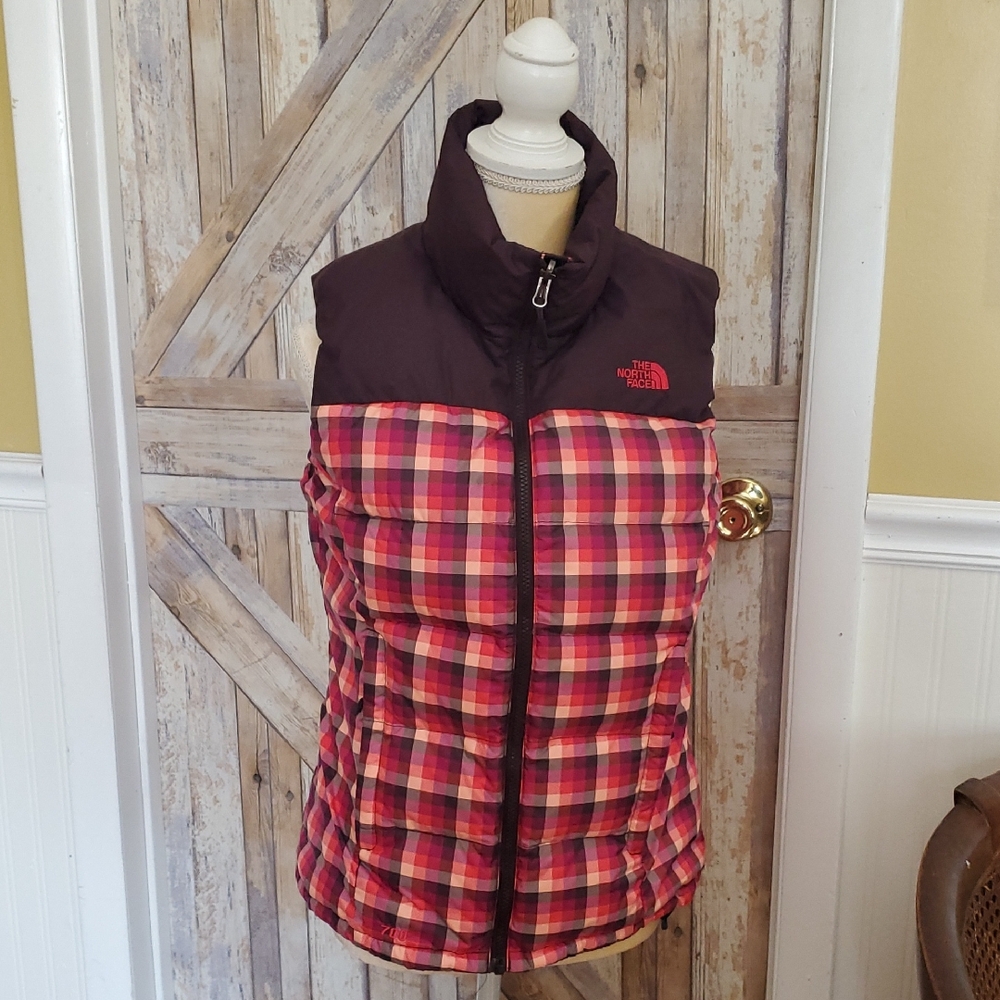 The North Face Women's Plaid Puffer Vest - Red, Pink, and Brown